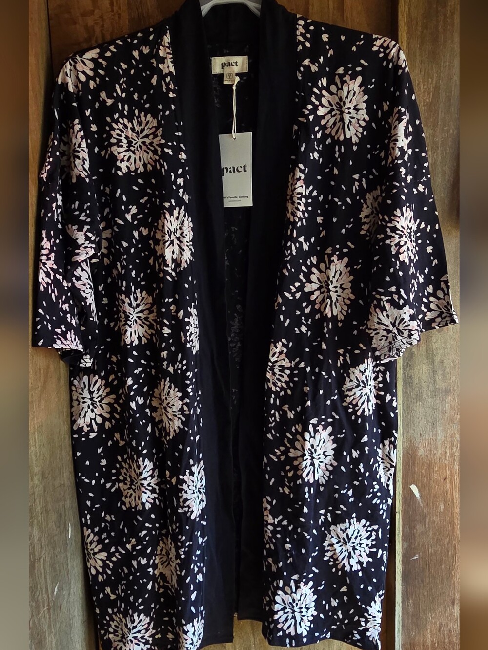 ❗️NWT-Pact Black Floral Kimono Jacket with Pale Pink Burst Print